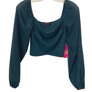 Fairygrunge Mesh Emerald Sheer Sparkle Ruched Long Sleeve Crop Top‎ Size S